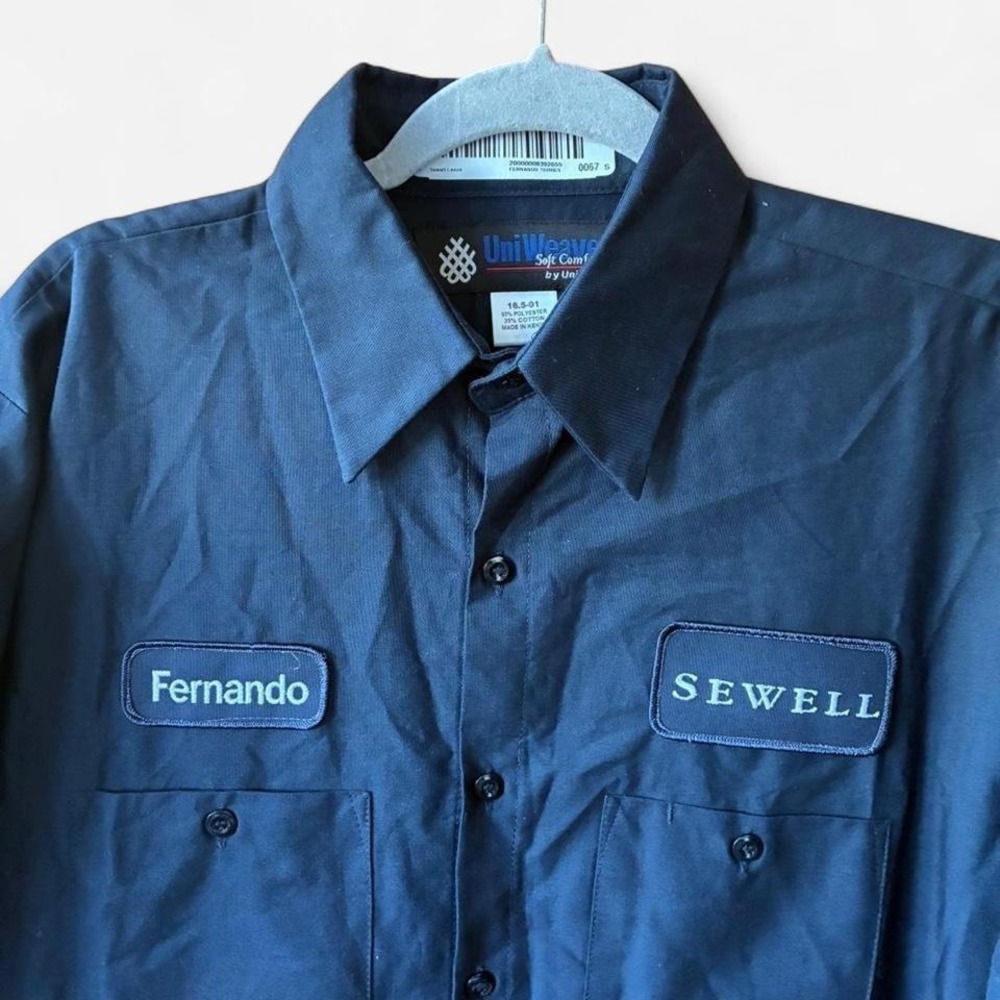 Navy button up work uniform shirt with embroidered name, logo & flag patch Sz S - Picture 2 of 5